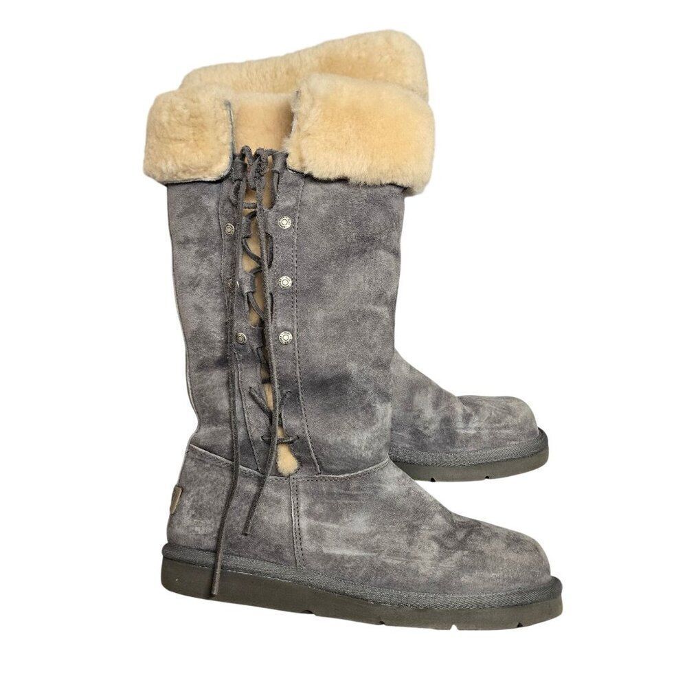 UGG Womens Gray Suede Shearling Boots Lace-Up Back Cozy Winter Style cottagecore